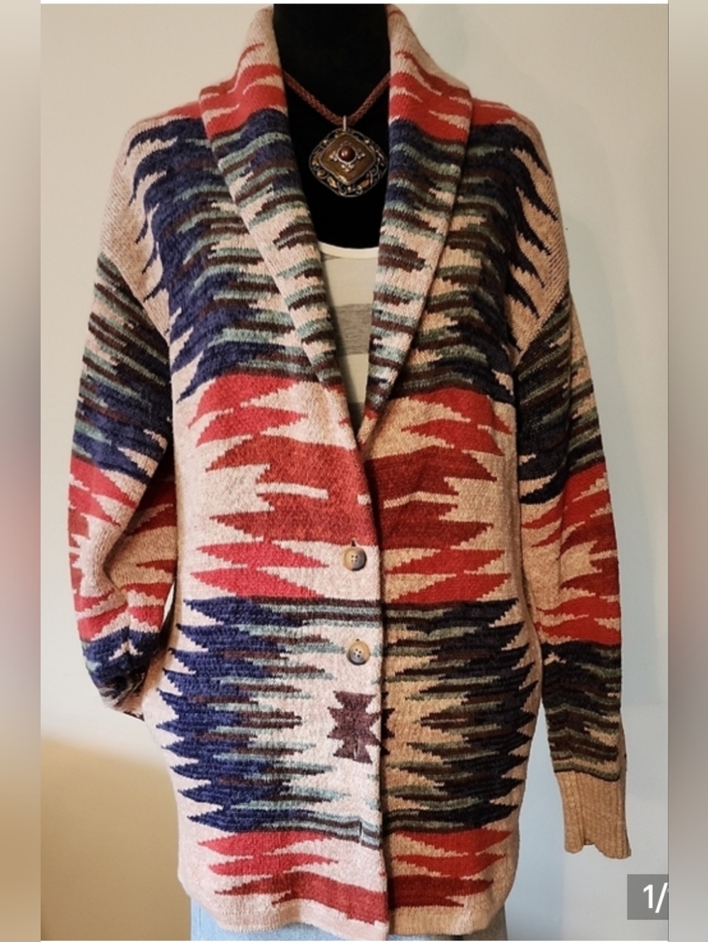 Lucky Brand Aztec Southwestern Oversized Cotton Cardigan Small - Picture 2 of 15